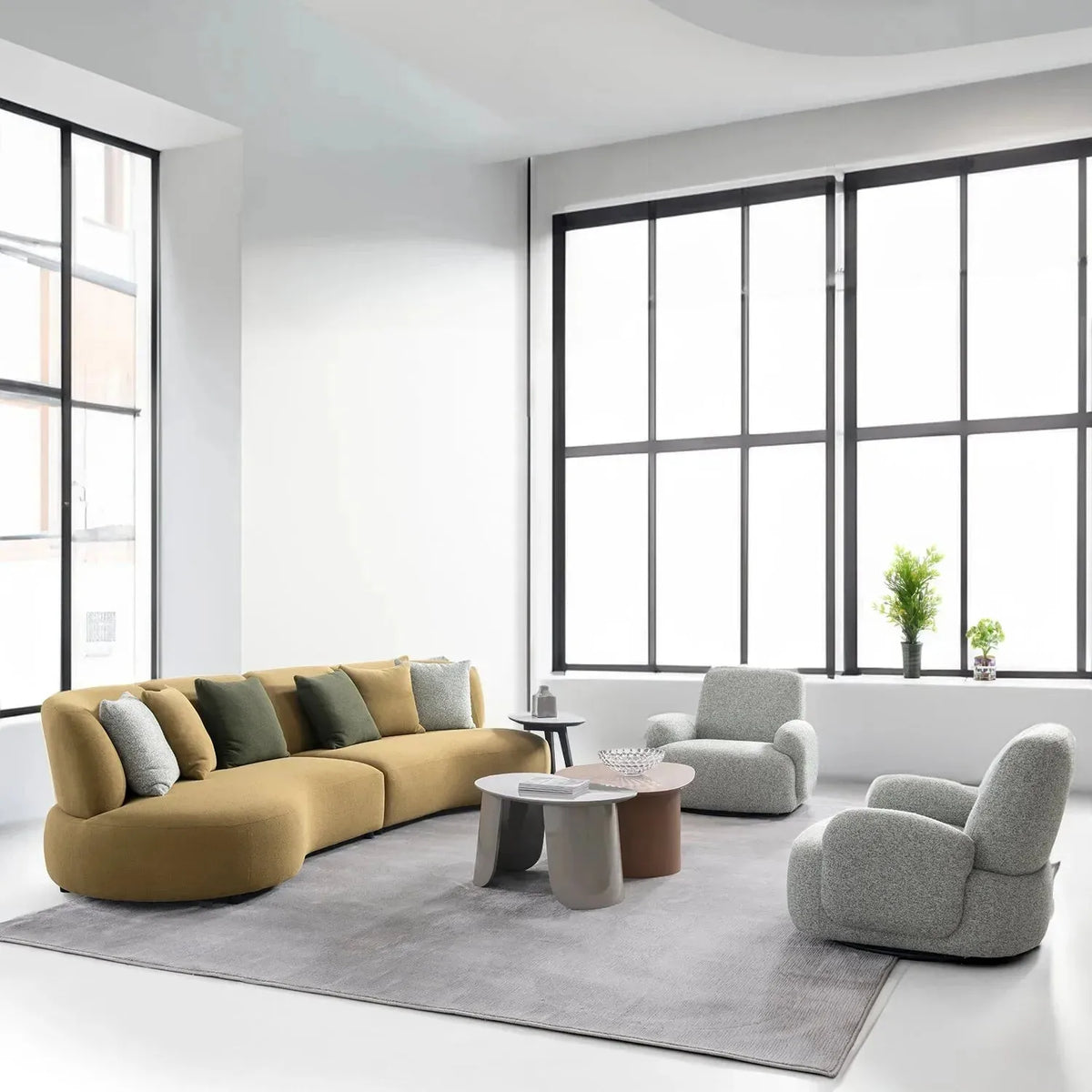 Cream mixed weave fabric revolving 1 seater sofa parapet with context.