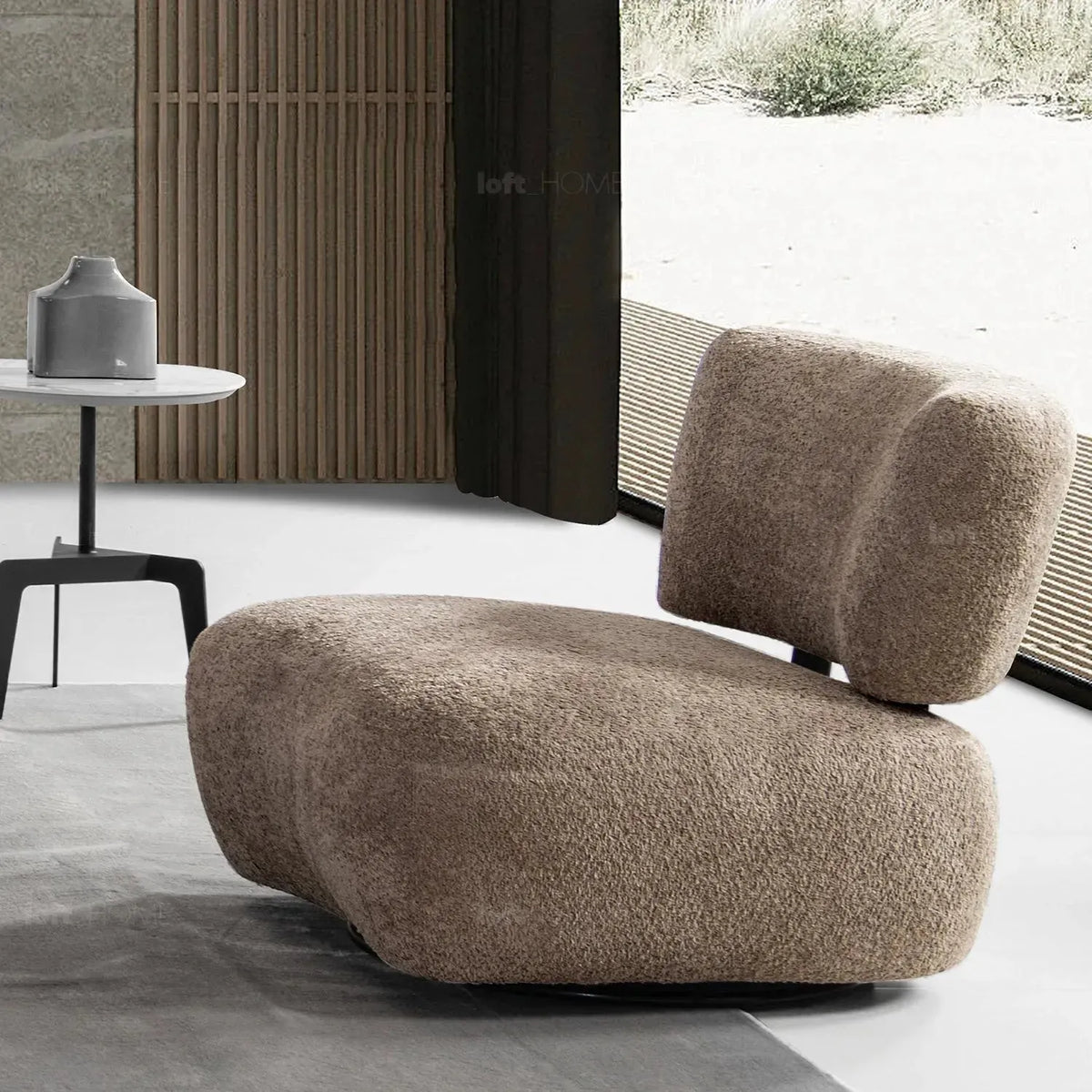 Cream sherpa fabric revolving 1 seater sofa rite in close up details.