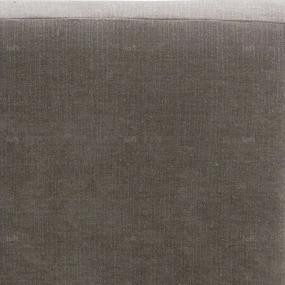 Modern mixed weave fabric revolving 1 seater sofa talc wood in panoramic view.