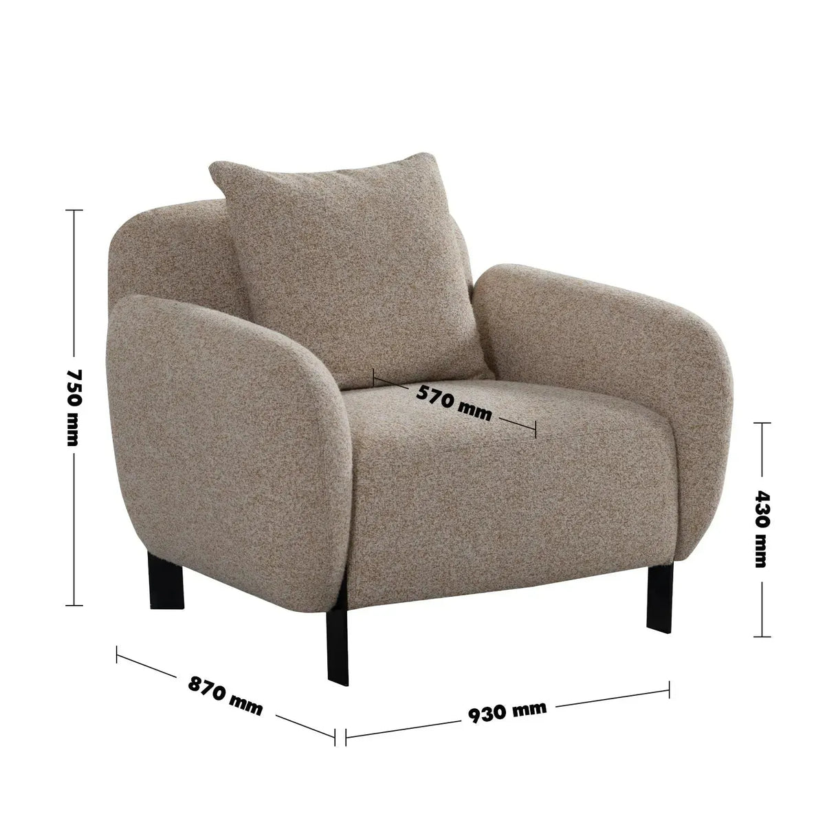 Modern mixed weave fabric 1 seater sofa talc size charts.