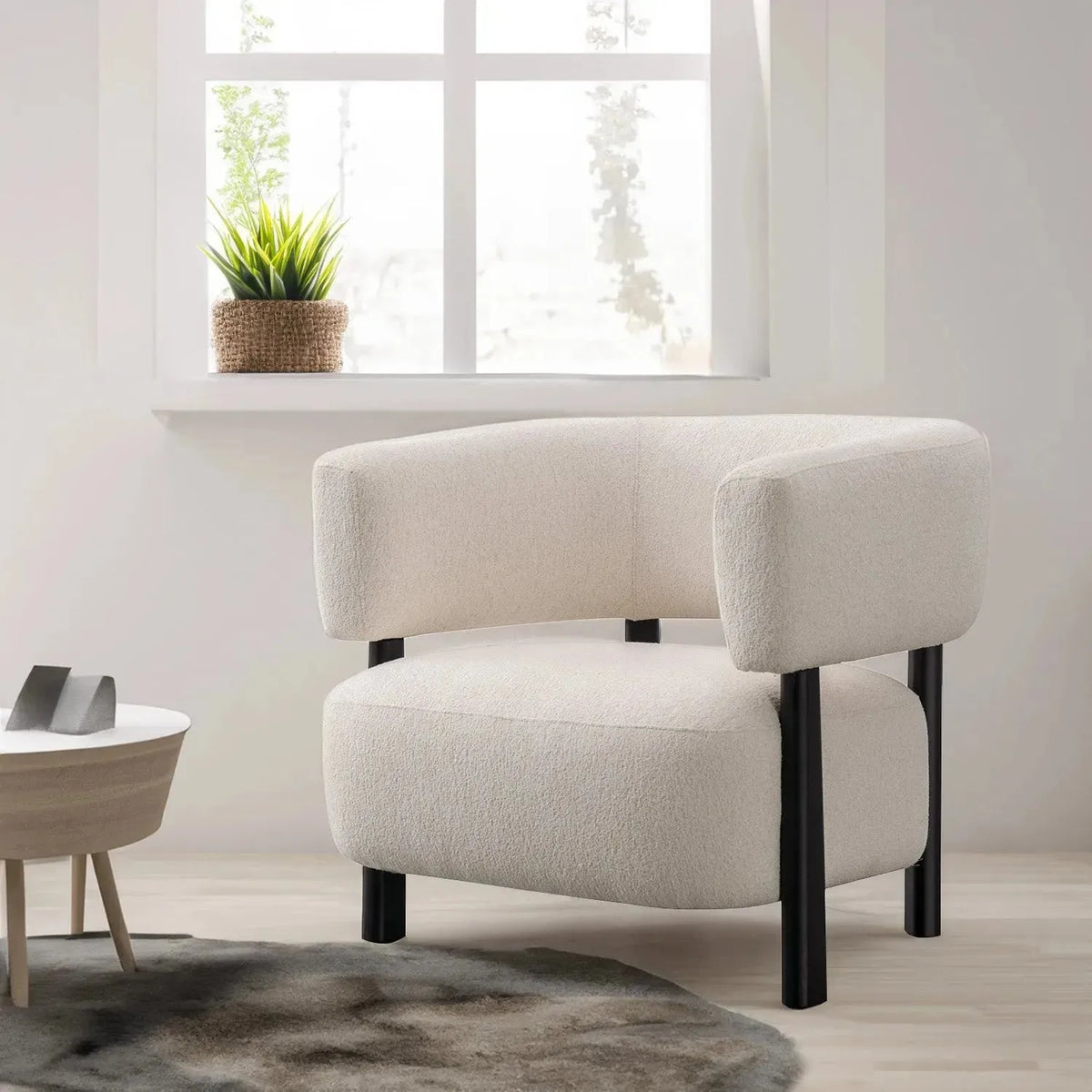 Modern boucle fabric 1 seater sofa topaz in still life.