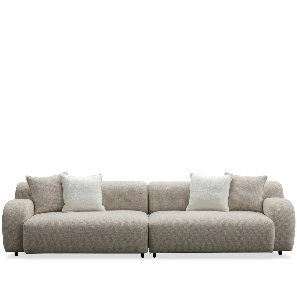 Minimalist mixed weave fabric 4 seater sofa ench in white background.