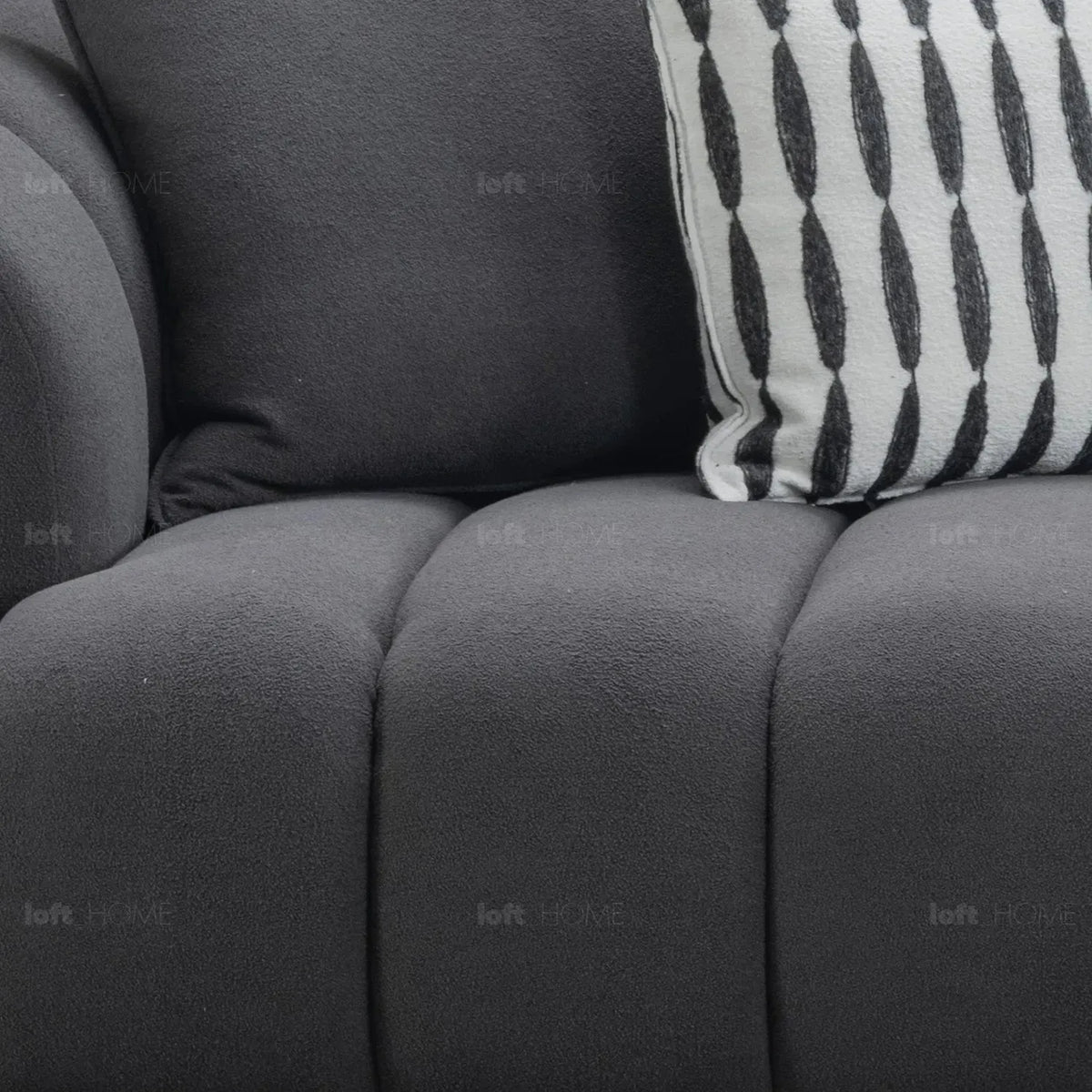 Modern sherpa fabric 5 seater sofa lace in panoramic view.