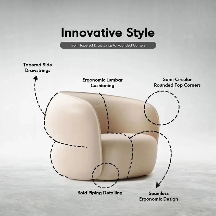 Minimalist fabric 1 seater sofa pod in panoramic view.