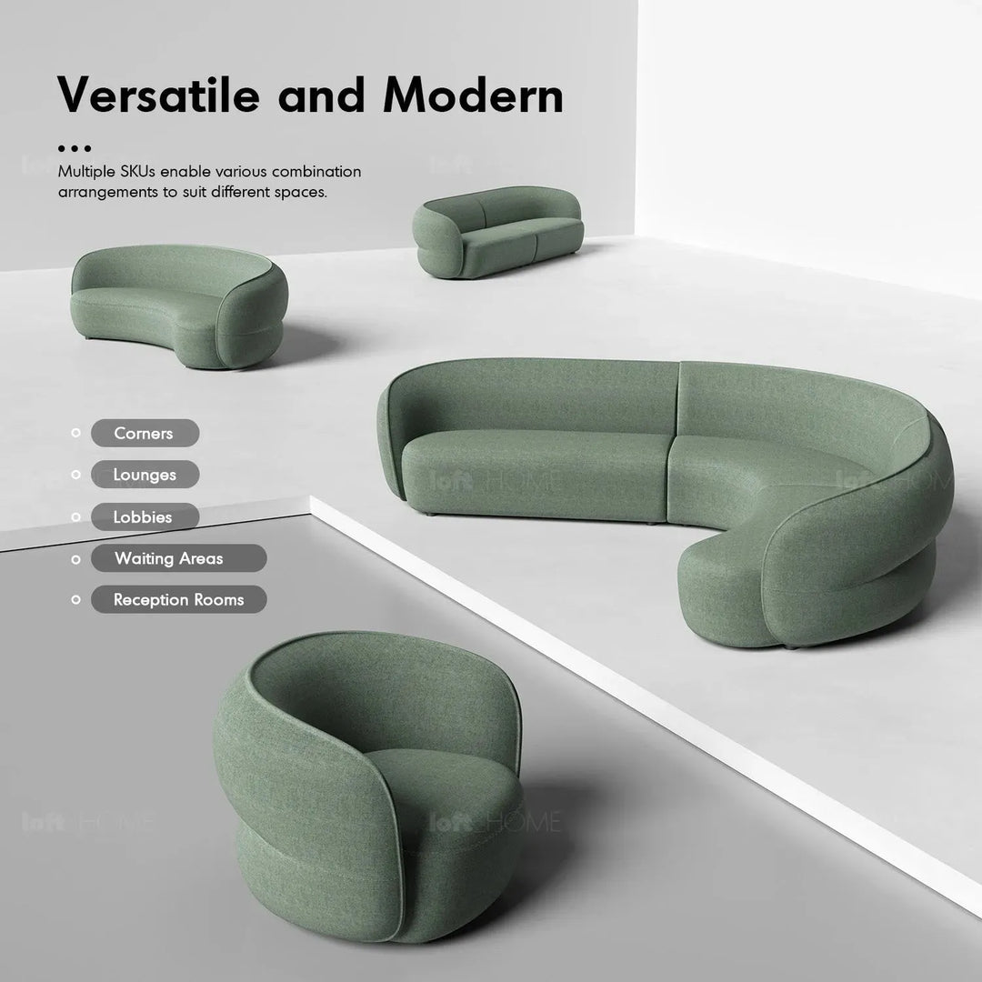 Minimalist fabric 1 seater sofa pod with context.