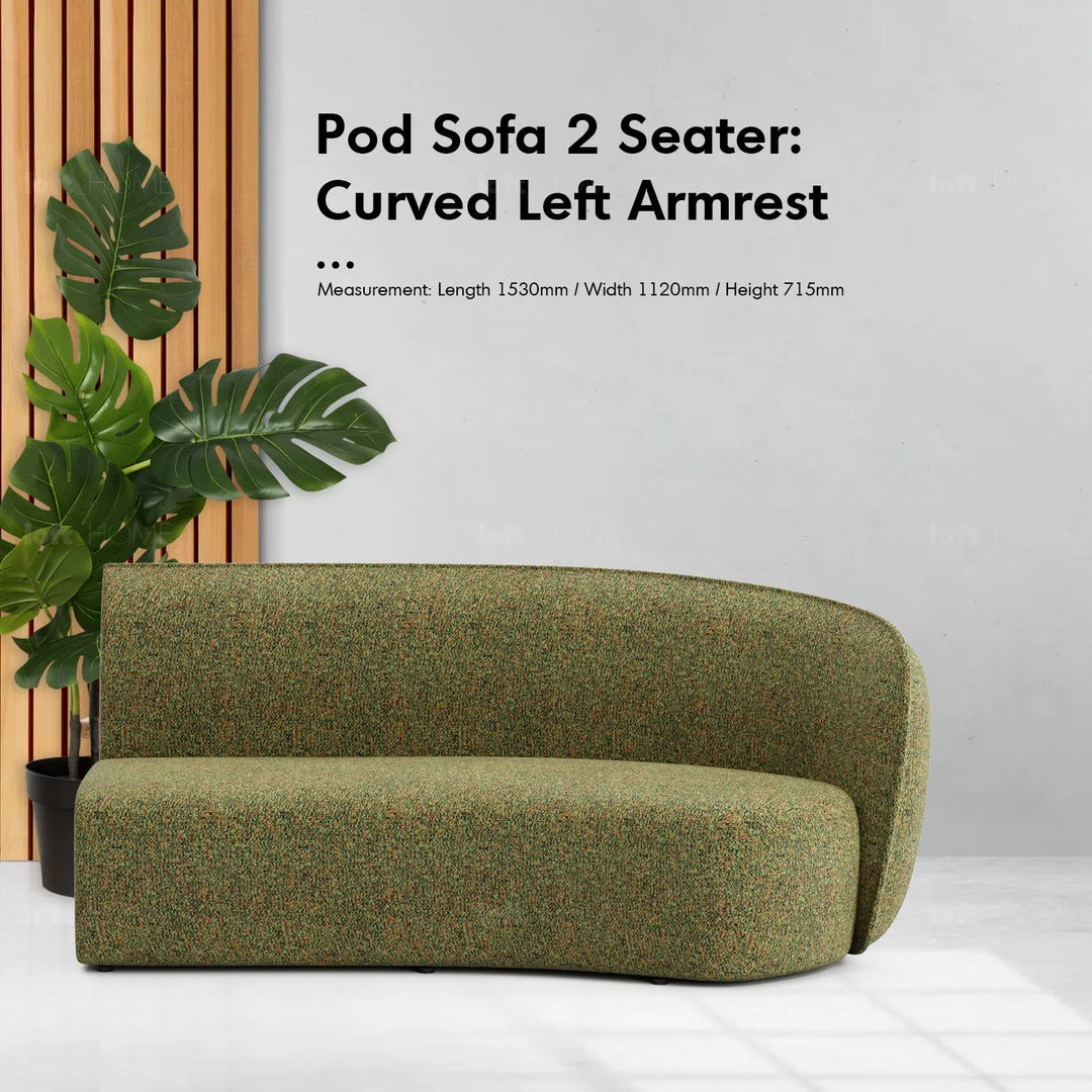 Minimalist fabric modular curved 2 seater armrest corner sofa pod in close up details.