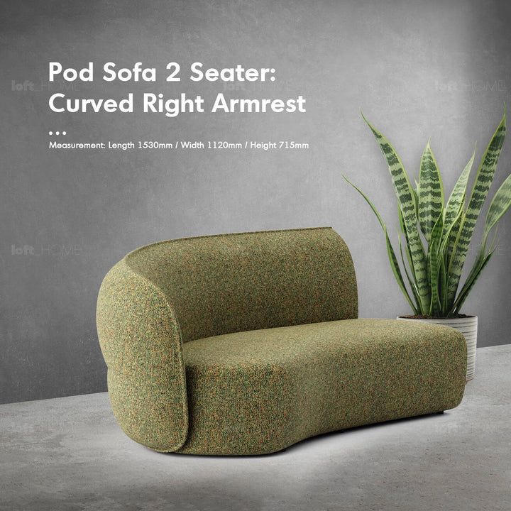 Minimalist fabric modular curved 2 seater armrest corner sofa pod in panoramic view.