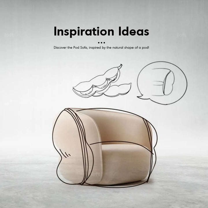 Minimalist fabric modular curved 2 seater armrest corner sofa pod in still life.