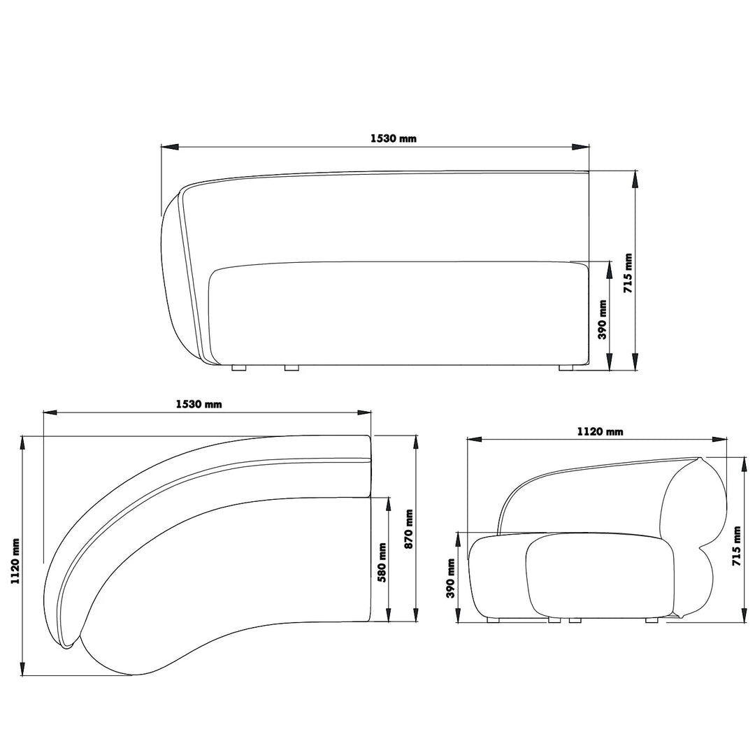 Minimalist fabric modular curved 2 seater armrest corner sofa pod color swatches.