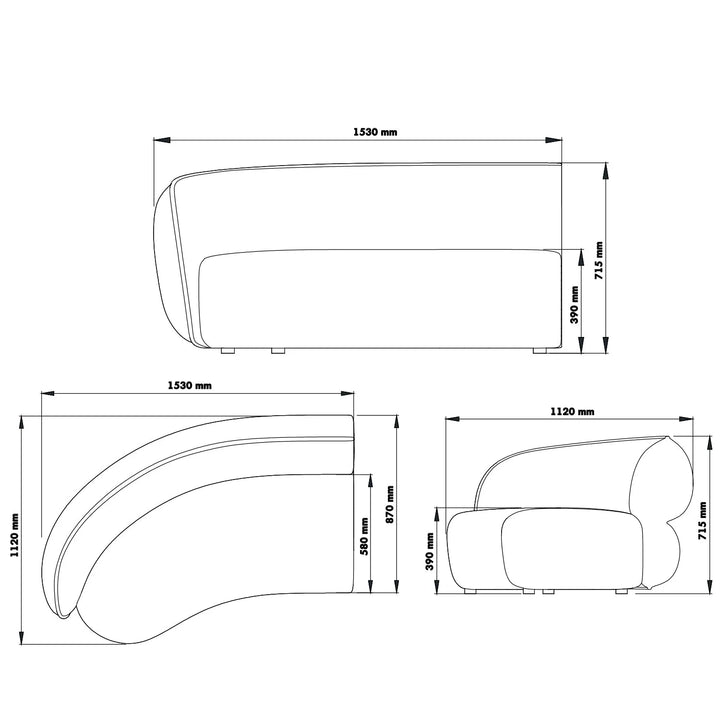 Minimalist fabric modular curved 2 seater armrest corner sofa pod color swatches.