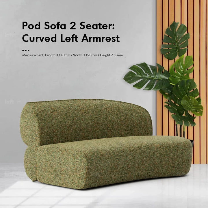 Minimalist fabric modular curved 2 seater armless corner sofa pod in close up details.