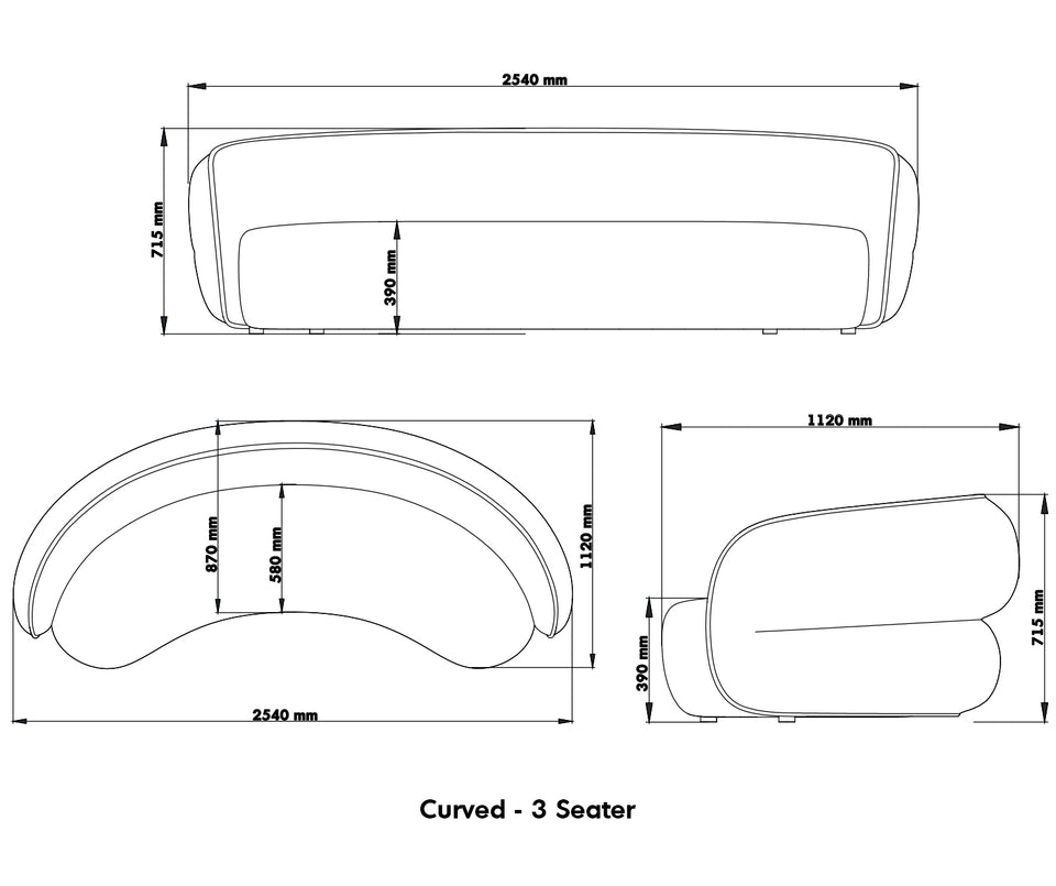 Minimalist Fabric Curved 4 Seater Sofa POD Size Chart