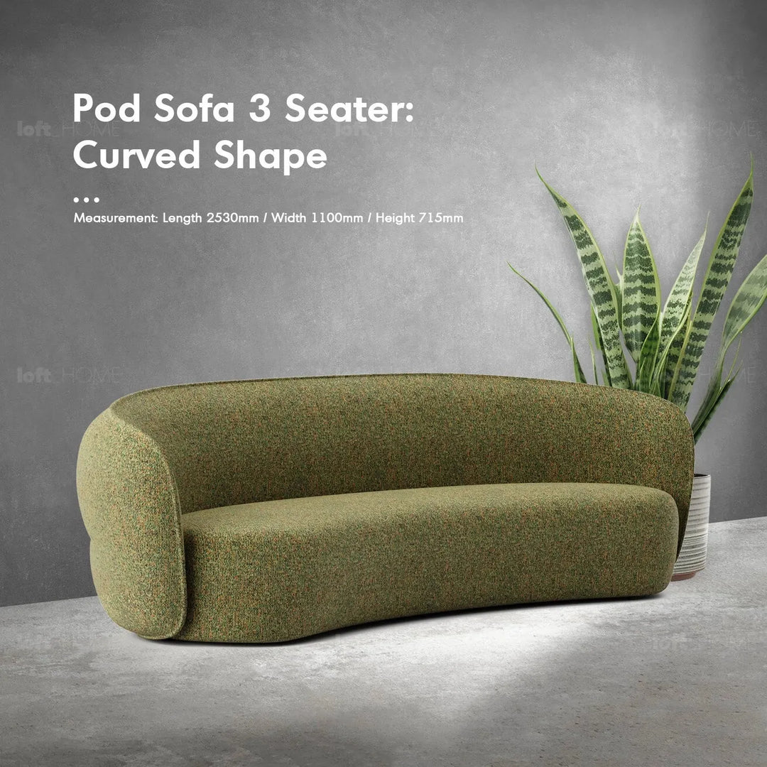 Minimalist fabric curved 3 seater sofa pod in panoramic view.