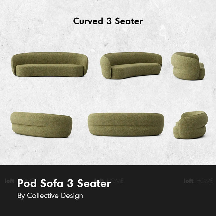 Minimalist fabric curved 3 seater sofa pod detail 1.