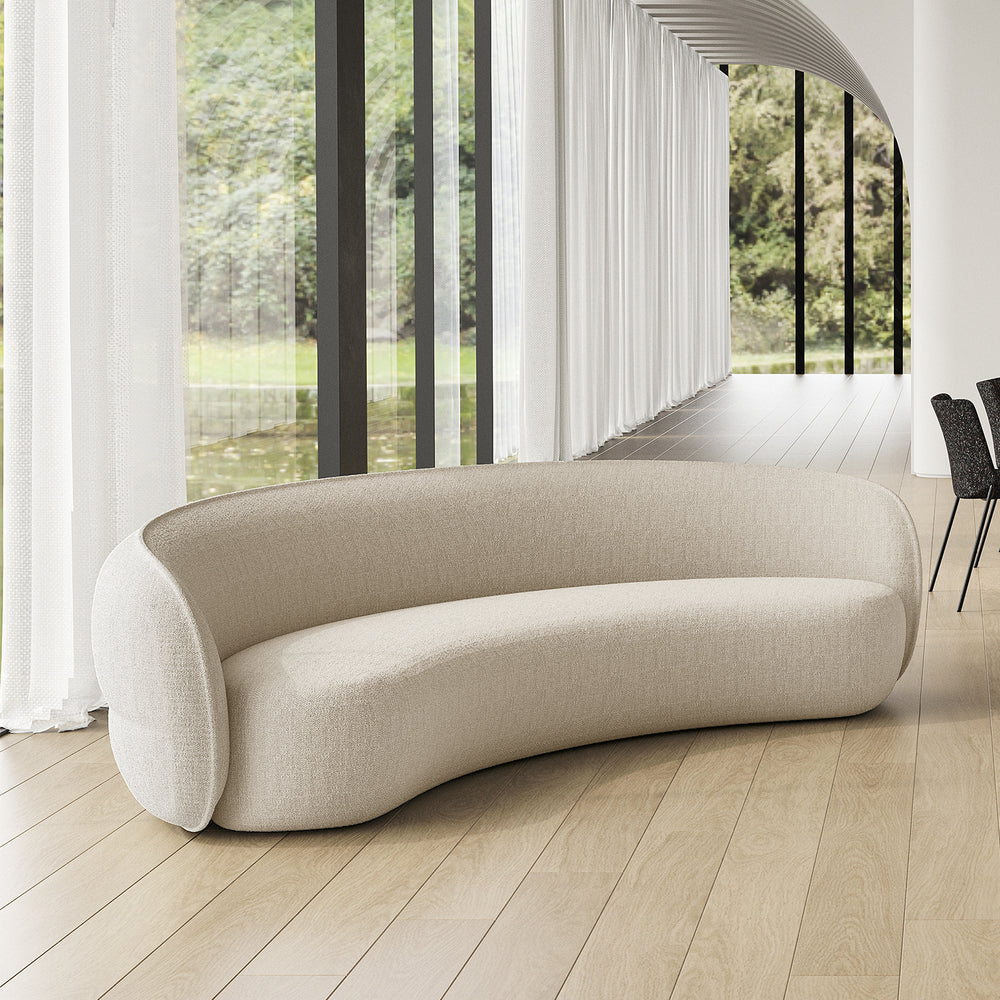 Minimalist fabric curved 3 seater sofa pod primary product view.