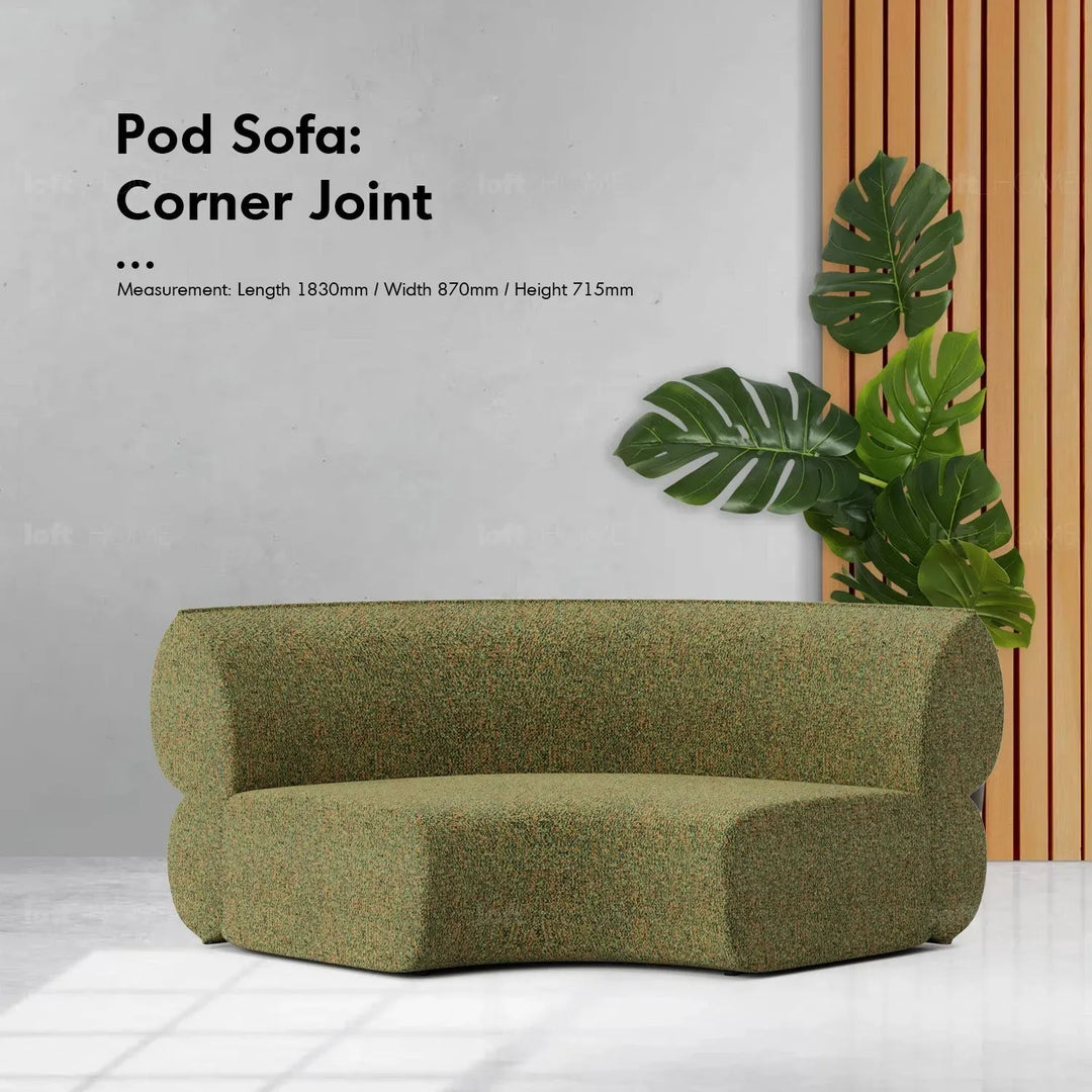 Minimalist fabric modular joint connection sofa pod in panoramic view.