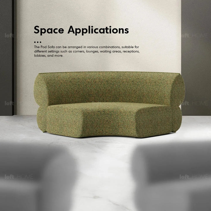 Minimalist fabric modular joint connection sofa pod layered structure.