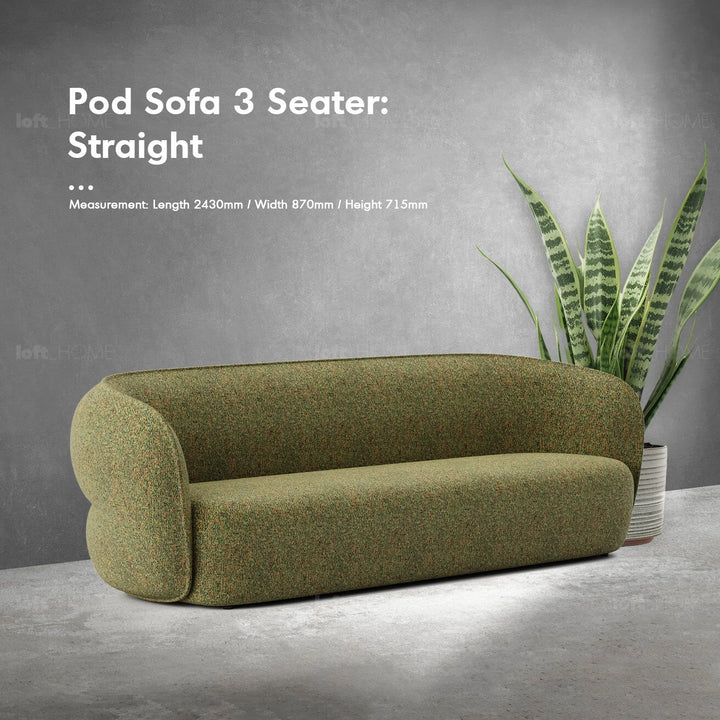 Minimalist fabric straight 3 seater sofa pod in details.