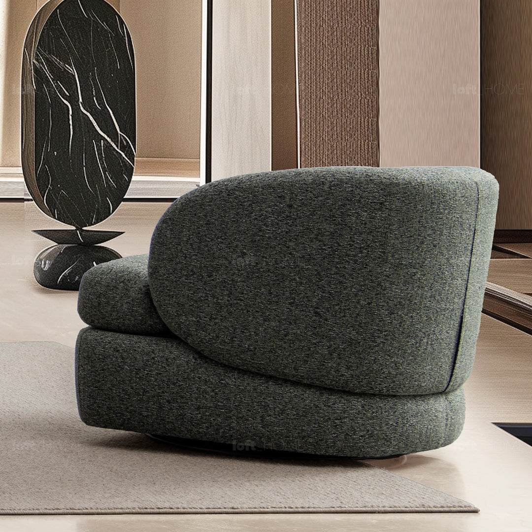 Minimalist fabric revolving 1 seater sofa goyle in close up details.