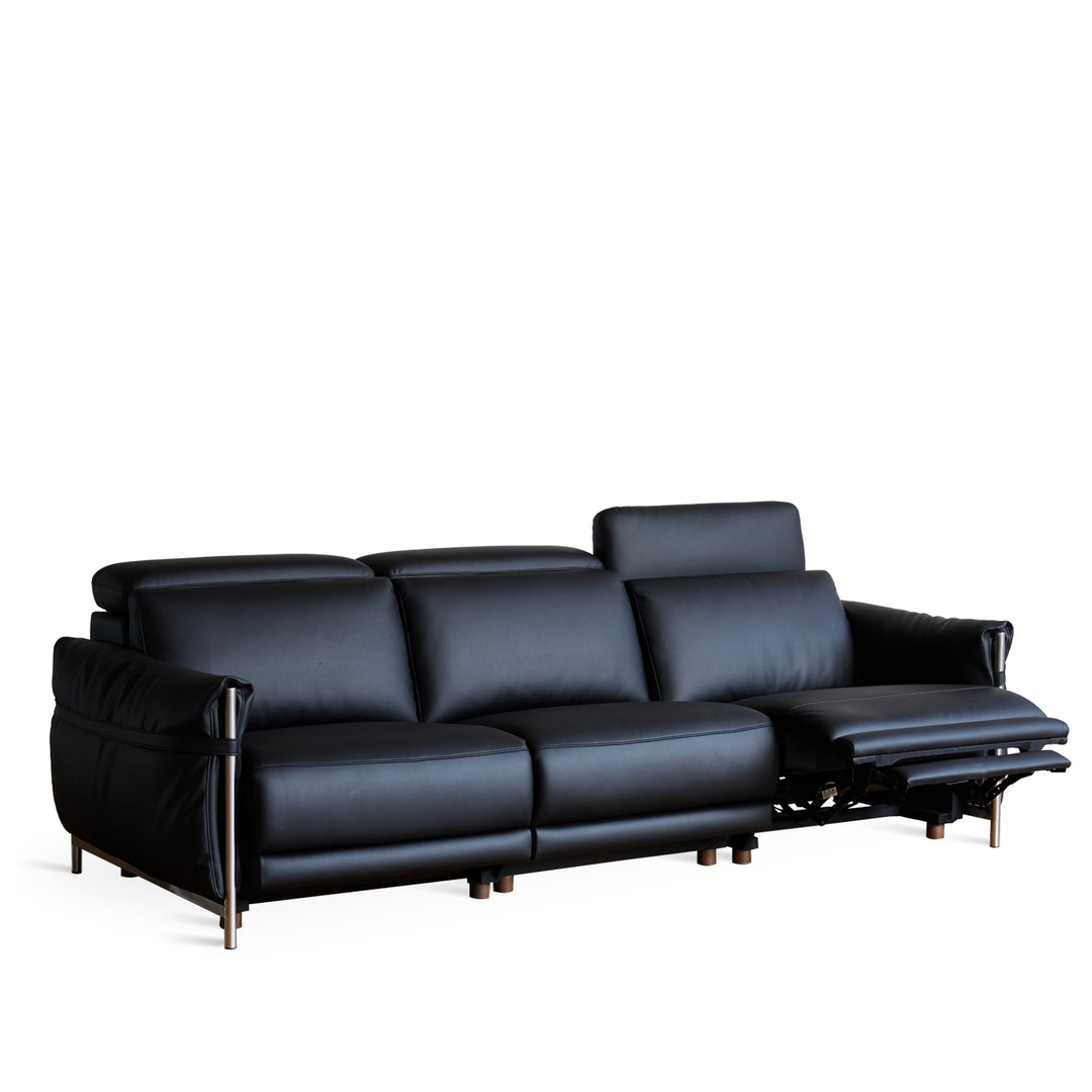 Minimalist genuine leather electric recliner 3 seater sofa calmera in white background.