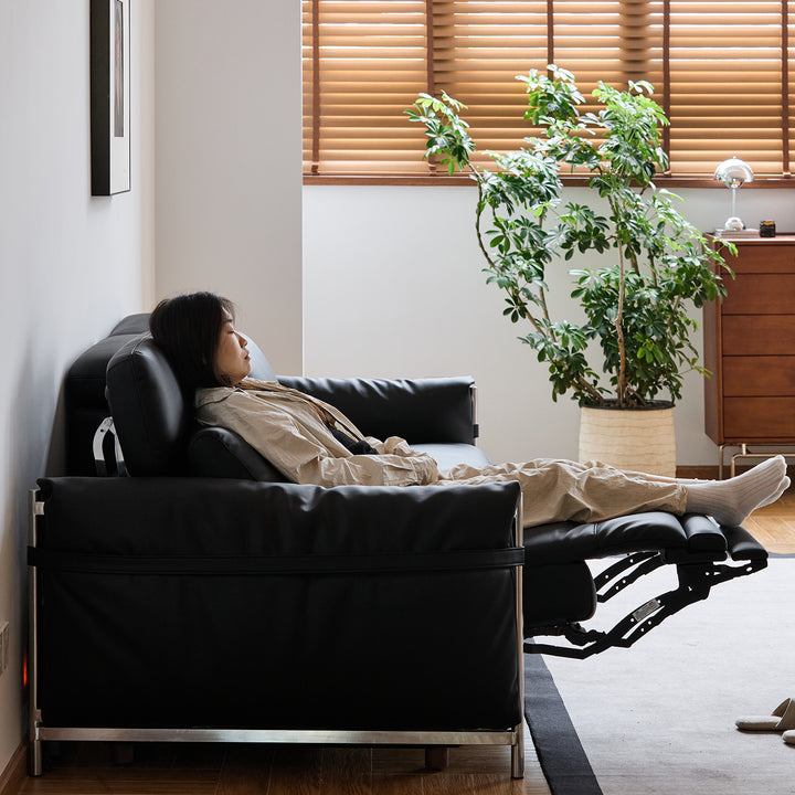 Minimalist genuine leather electric recliner 3 seater sofa calmera in details.