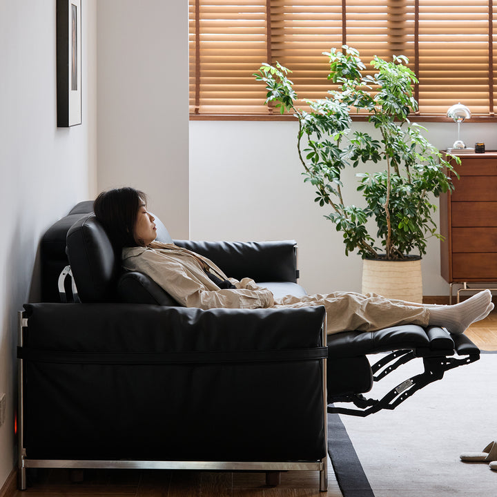 Minimalist genuine leather electric recliner 2 seater sofa calmera in details.