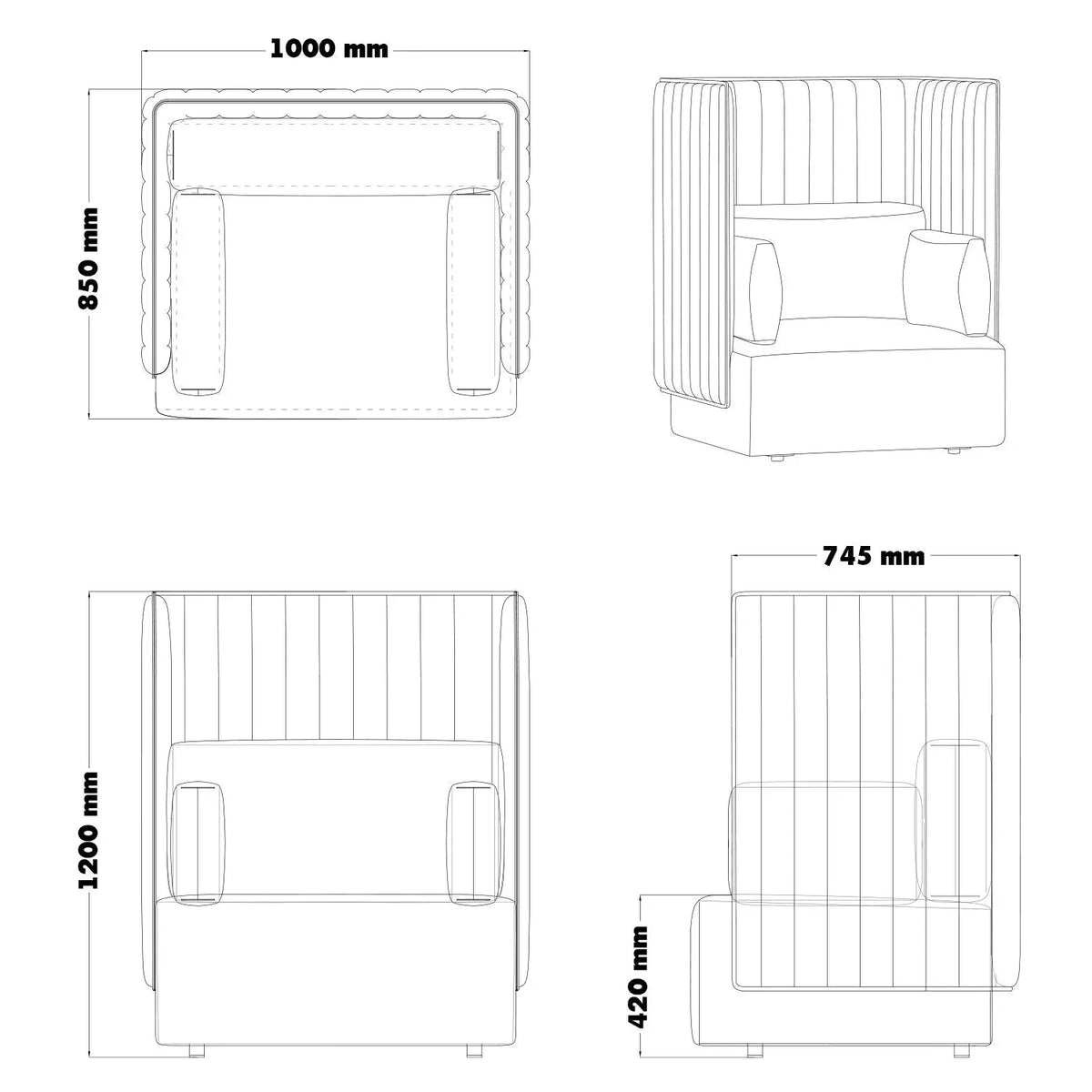Modern mixed weave fabric 1 seater sofa multi size charts.