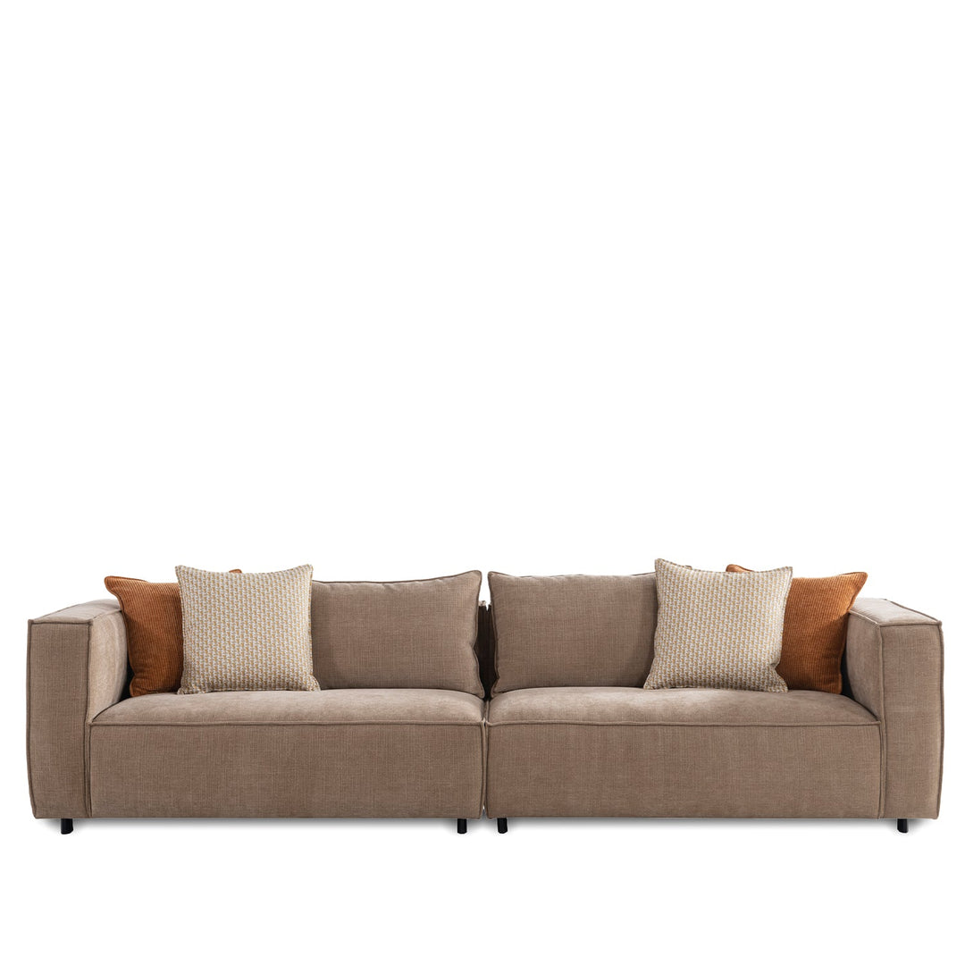 Minimalist mixed weave fabric 4 seater sofa cyus in white background.