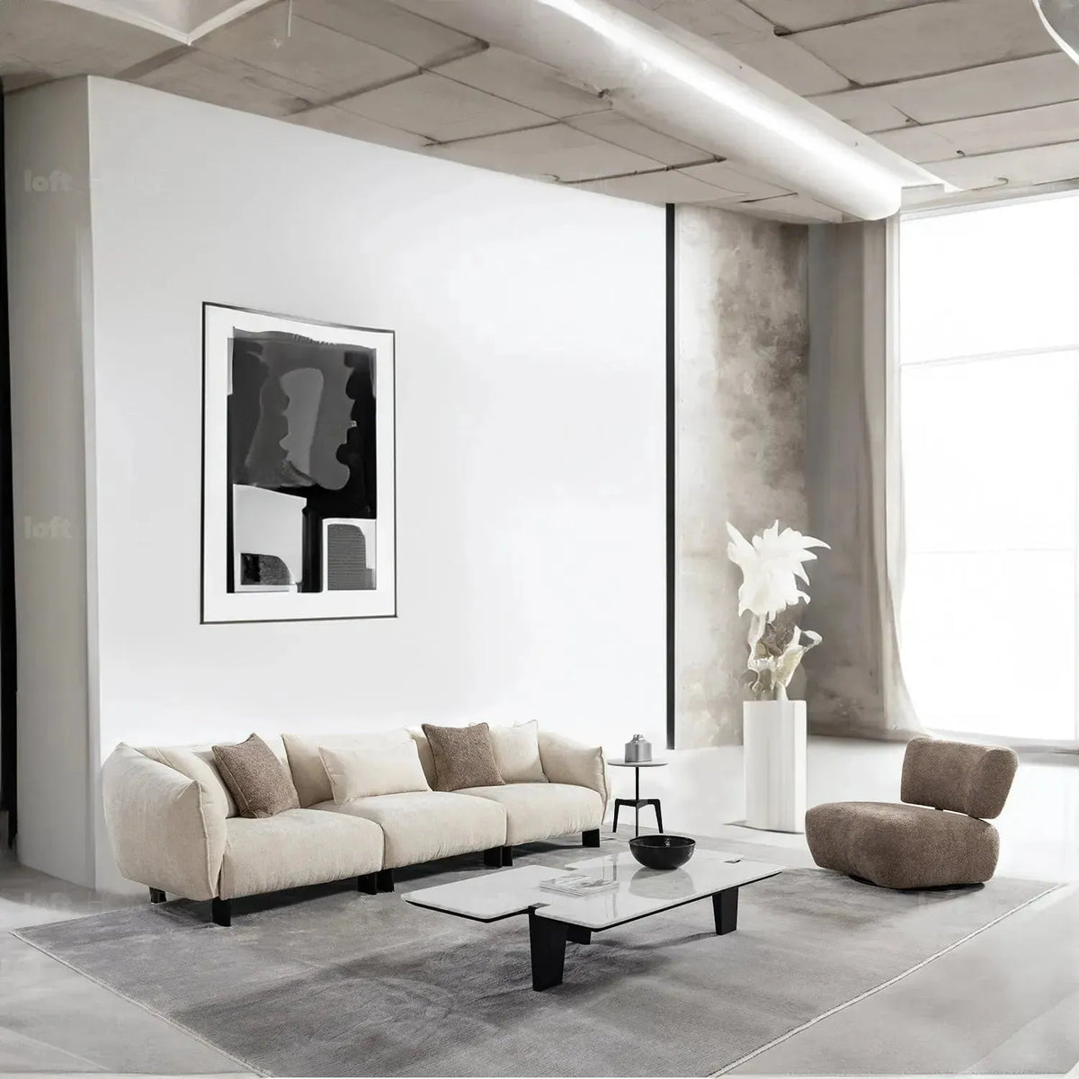 Modern mixed weave fabric 4 seater sofa nest in close up details.