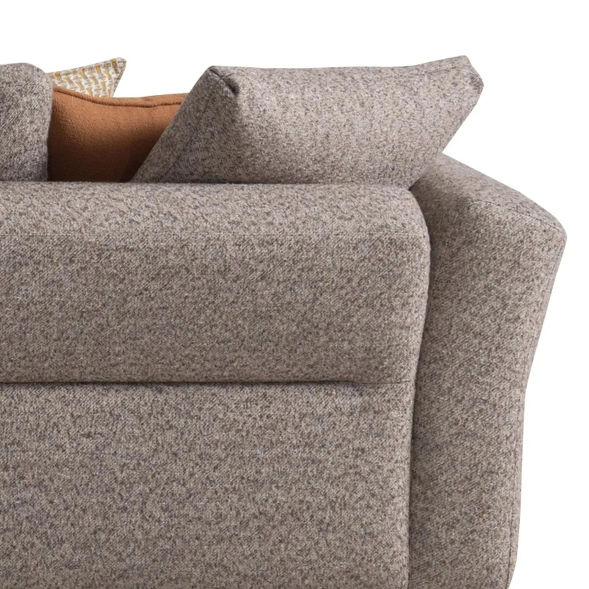 Minimalist mixed weave fabric 4 seater sofa glider in panoramic view.