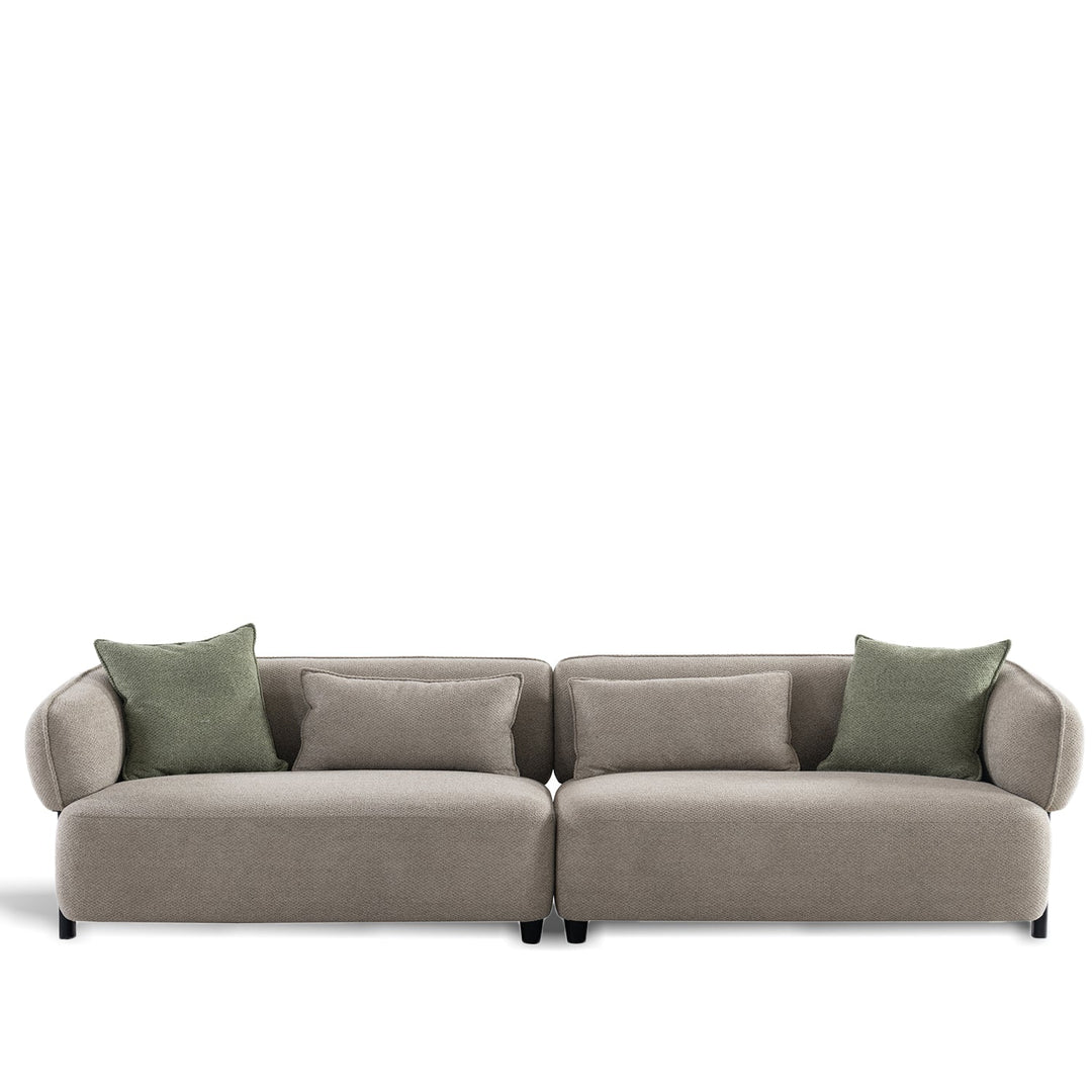 Minimalist mixed weave fabric 4.5 seater sofa vista in white background.