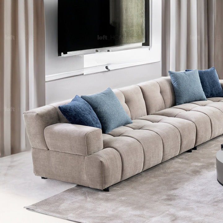 Minimalist mixed weave fabric 6 seater sofa luna in close up details.