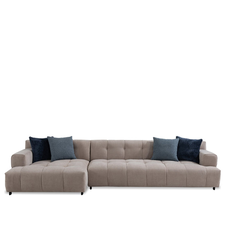 Minimalist mixed weave fabric l shape sectional sofa luna 3+l in panoramic view.