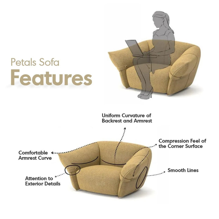 Minimalist mixed weave fabric modular armless 1 seater sofa petals in details.