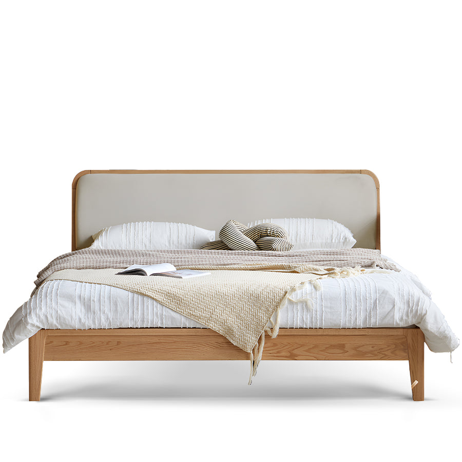 Minimalist oak wood genuine leather bed calm in white background.