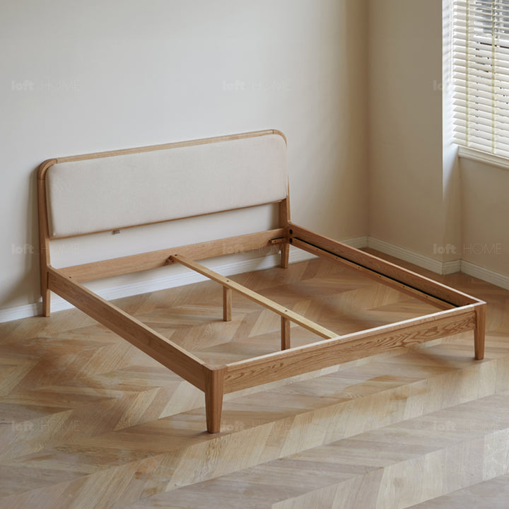 Minimalist oak wood genuine leather bed calm situational feels.