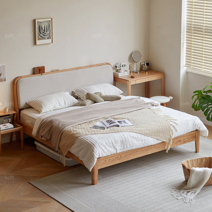 Minimalist oak wood genuine leather bed calm layered structure.