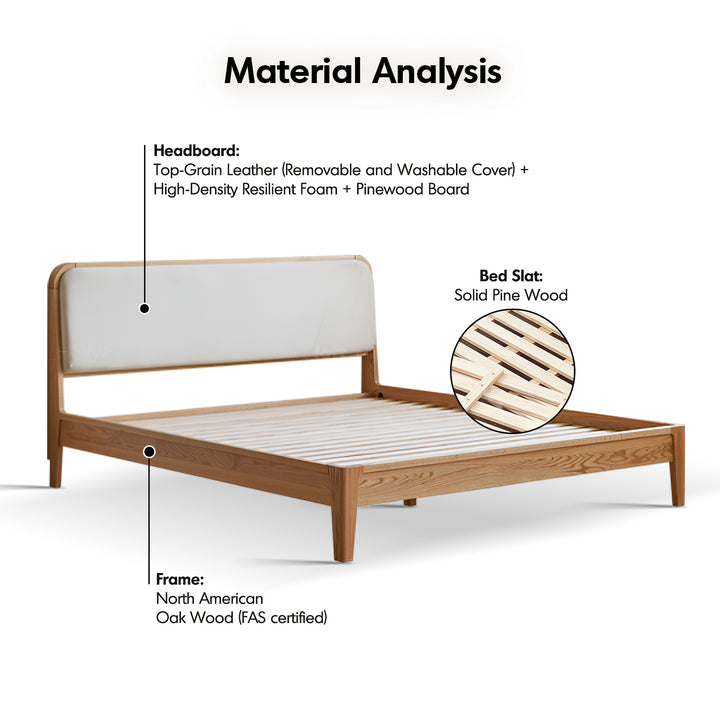 Minimalist oak wood genuine leather bed calm detail 3.