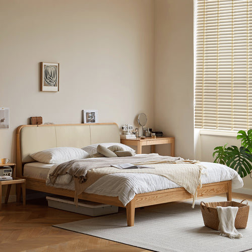 Scandinavian Oak Wood Genuine Leather Bed CALM Good to Know Preview-1