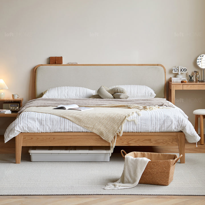 Minimalist oak wood genuine leather bed calm in real life style.