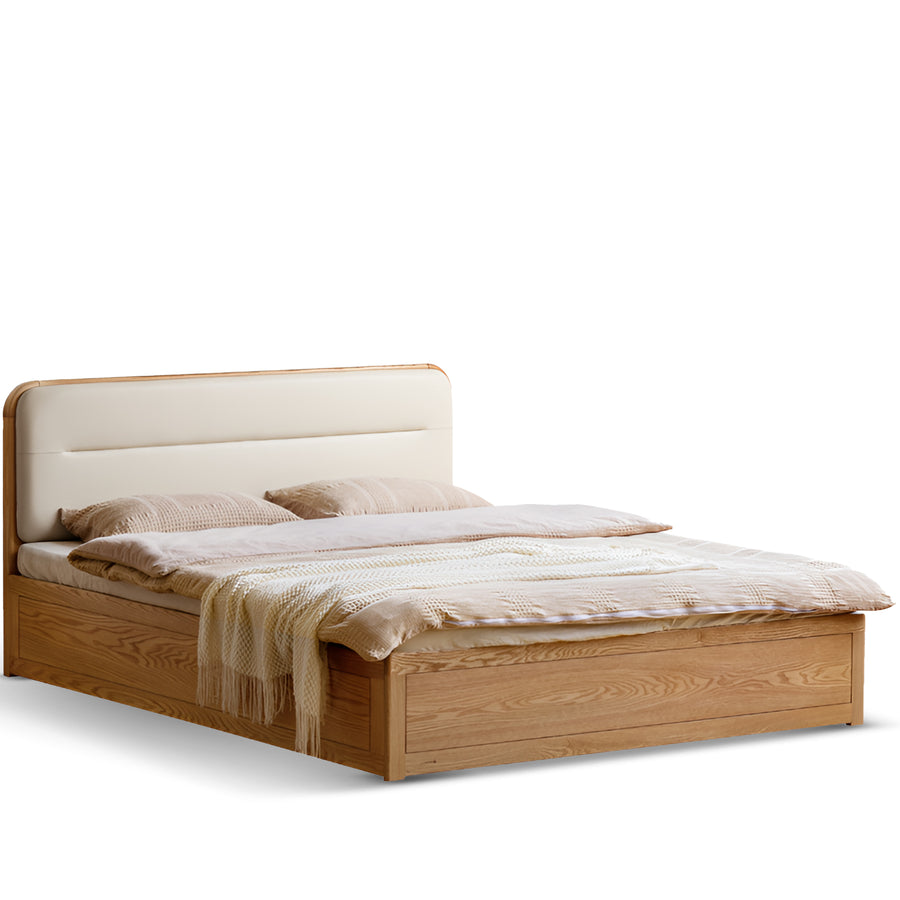 Minimalist oak wood microfiber leather storage bed luna in white background.