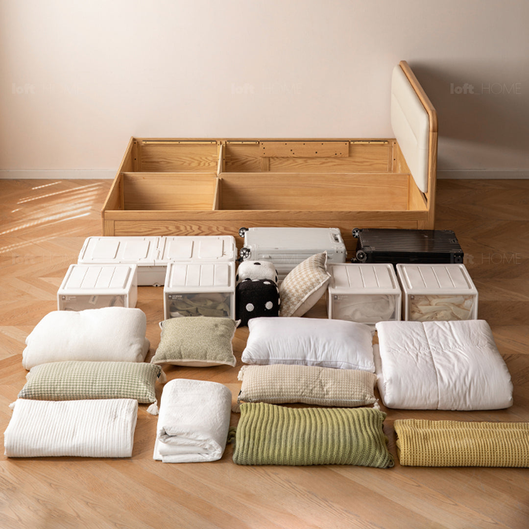 Minimalist oak wood microfiber leather storage bed luna in panoramic view.