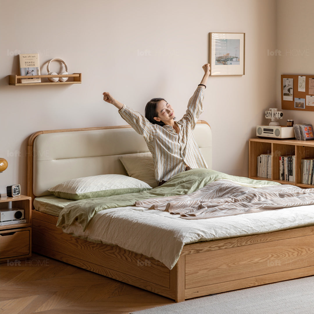 Minimalist oak wood microfiber leather storage bed luna layered structure.