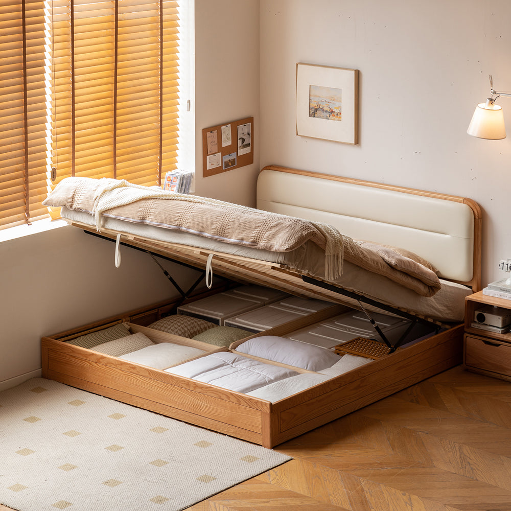 Minimalist oak wood microfiber leather storage bed luna primary product view.