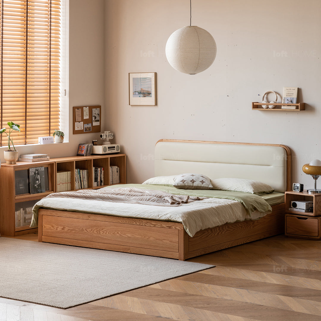 Minimalist oak wood microfiber leather storage bed luna in real life style.