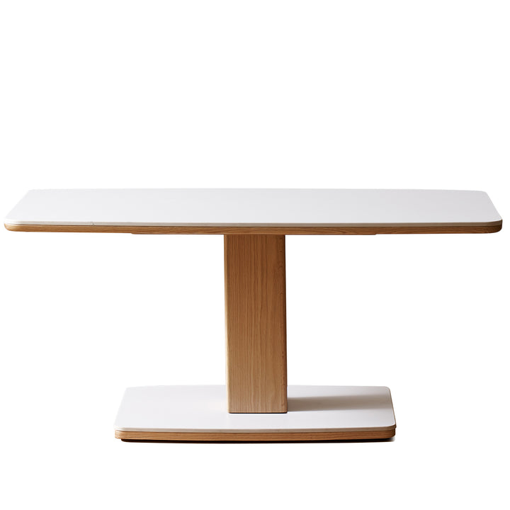 Minimalist oak wood sintered stone height adjustable coffee table lino in white background.