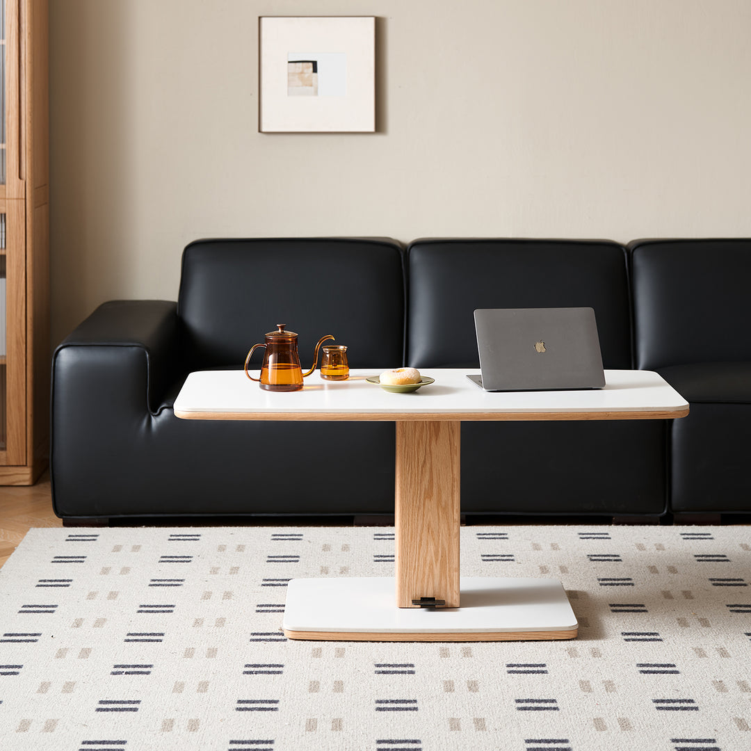 Minimalist oak wood sintered stone height adjustable coffee table lino detail 4.