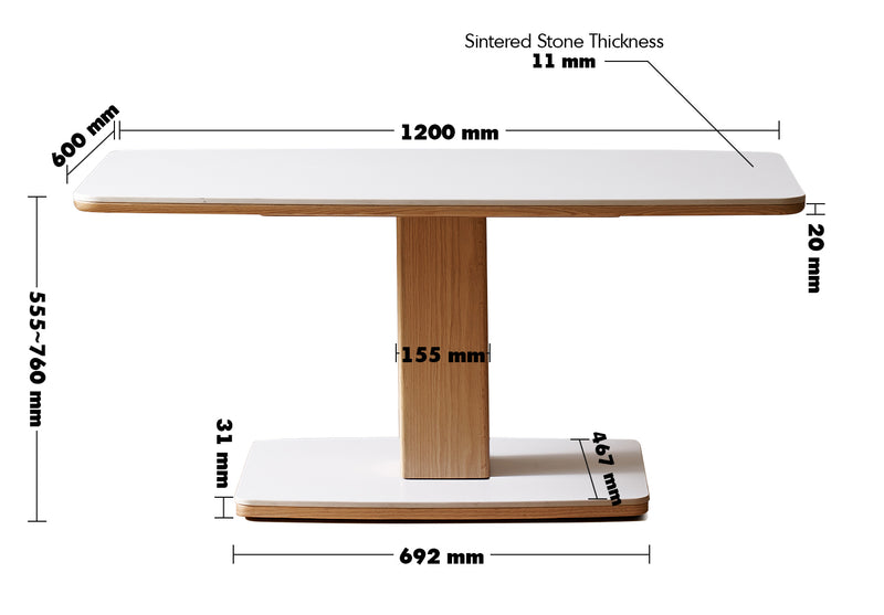 Scandinavian Oak Wood Sintered Stone Height Adjustable Coffee Table LINO Size Chart