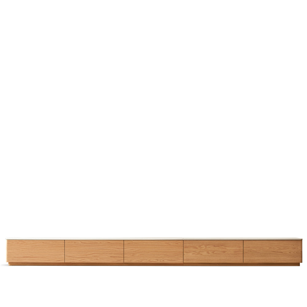 Minimalist oak wood sintered stone tv console lino in white background.