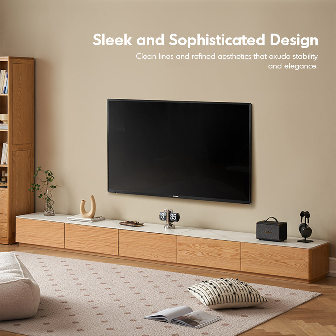 Minimalist oak wood sintered stone tv console lino in real life style.